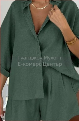 Дамски летен двукомпонентен комплект: едноцветен топ и панталони до три четвърти, полиестров (95%+)