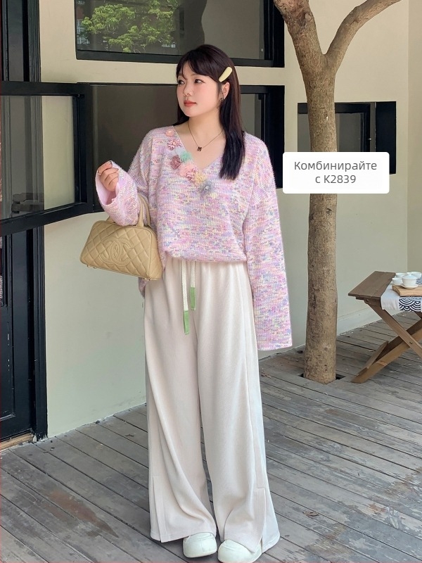 Mellowrani Плетени дамски широки панталони, висока талия, дълги до пода, полиестер