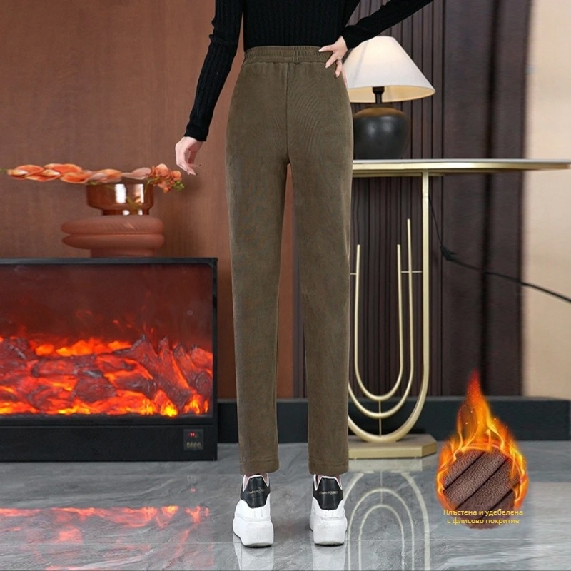 Кежуъл панталони с подплата от плюш, висока талия, права кройка, 90–95% полиестер, микроеластичност, есенно-зимно 2025