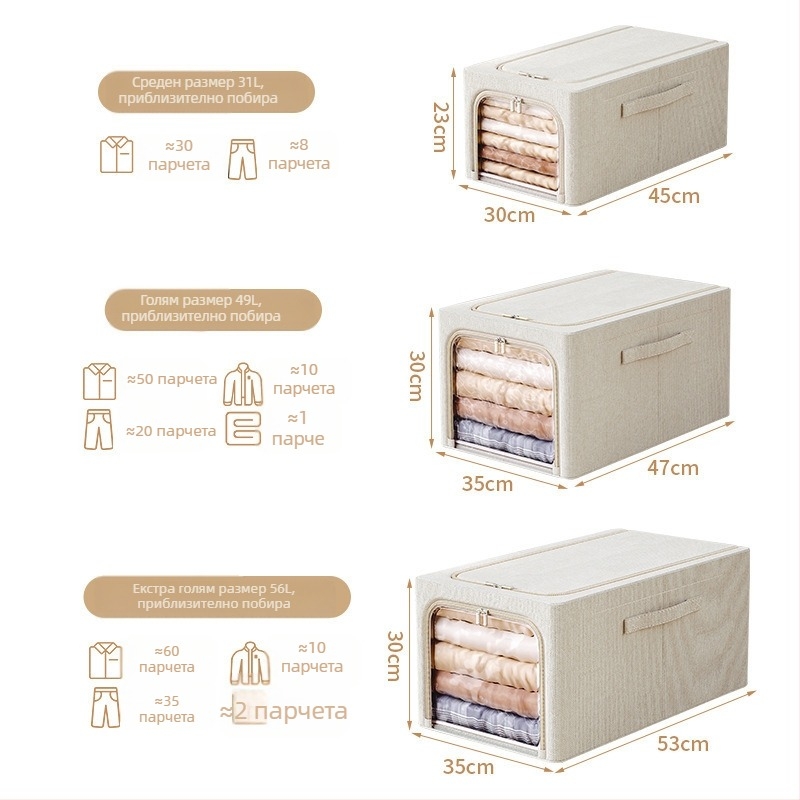 Съхранителна кутия за дрехи, правоъгълна, от памук и лен, дълбок стил; сгъваема и пренасяема; защита от прах и влага; вместимост 50–60 л; подходяща за спалня.