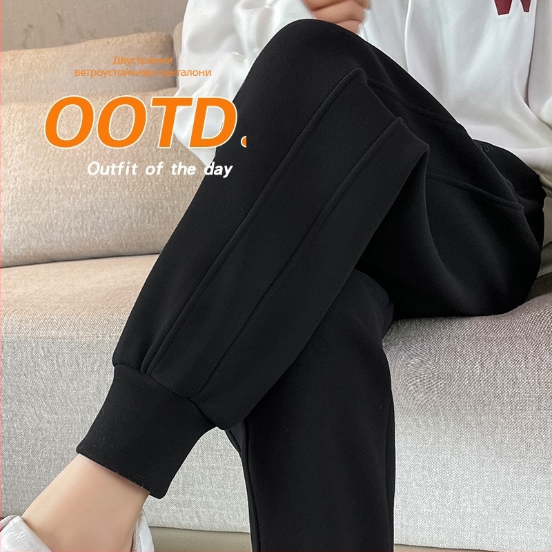 Дамски ветроустойчиви панталони с прави крачоли, корейски стил, дебела полиестер-еластанова смес, талия със средна височина, за есен и зима