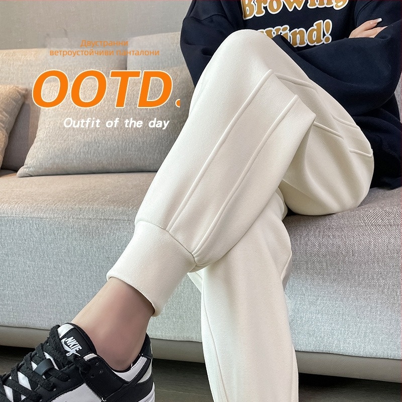 Дамски ветроустойчиви панталони с прави крачоли, корейски стил, дебела полиестер-еластанова смес, талия със средна височина, за есен и зима