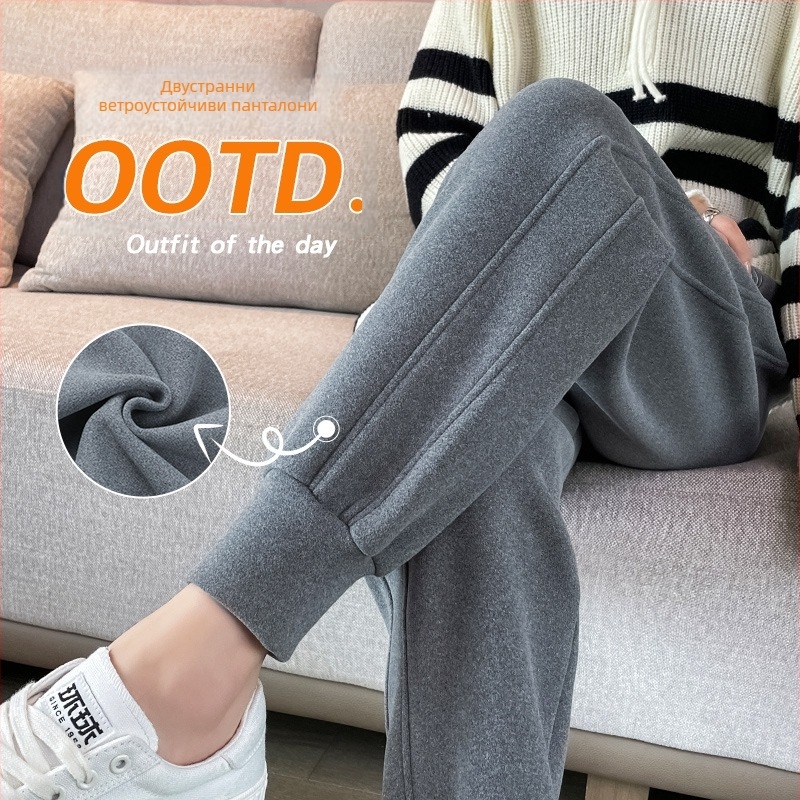 Дамски ветроустойчиви панталони с прави крачоли, корейски стил, дебела полиестер-еластанова смес, талия със средна височина, за есен и зима