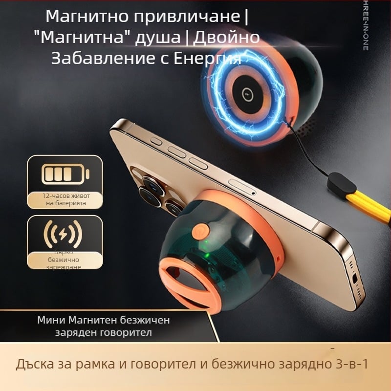 Три в едно магнитен безжичен Bluetooth говорител с банка за захранване, RGB осветление, Bluetooth 5.3, 4000–6000mAh