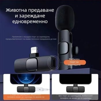 Безжичен лавалер микрофон с шумопотискане, 1 към 2 предаване, жив запис, съвместим с Android и iOS, за използване на открито
