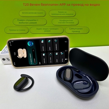 Преводачна слушалка с Bluetooth 5.4, дизайн с кука за ухото, съвместима с Windows/iOS/Android, превод видео/глас/фото, батерия 50 mAh