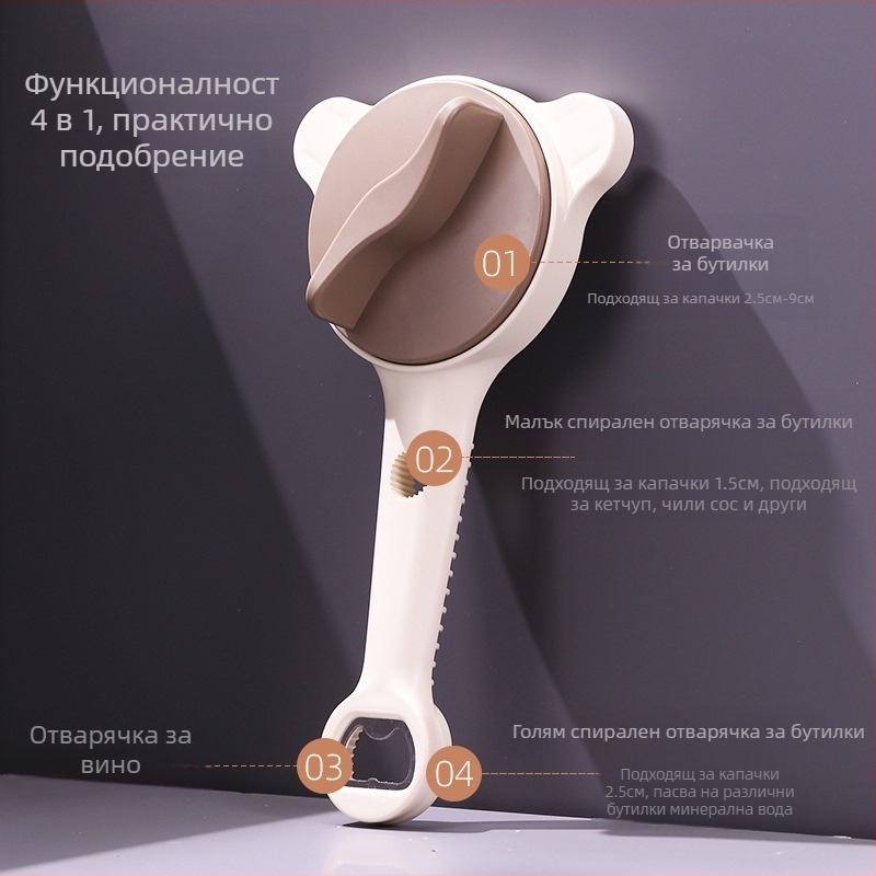 Мултифункционален отварвач за консерви и бутилки — пластмасов корпус, отваря винтови капачки