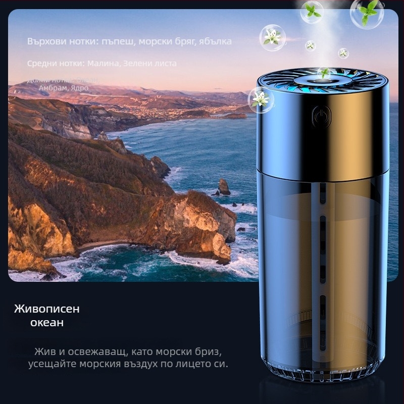 S10 автомобилен овлажнител и пречиствател на въздуха с дифузор за аромати — резервоар за вода 0,5–1 л, USB/автомобилно захранване, повече от 3 изхода за мъгла, шум под 36 dB, мощност 5 W