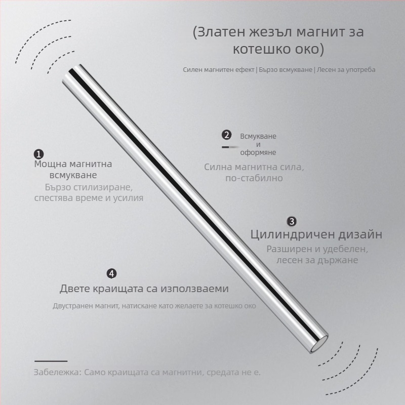 Магнит за маникюр с котешко око - многофункционален двуполюсен цилиндричен постоянен магнит, неръждаема стомана, 23 g