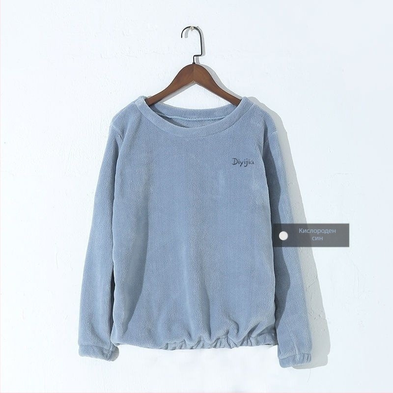 Дамски зимен пижамен комплект от корална флис - плътен свободен модел, пуловер с кръгла яка и дълги ръкави, панталони