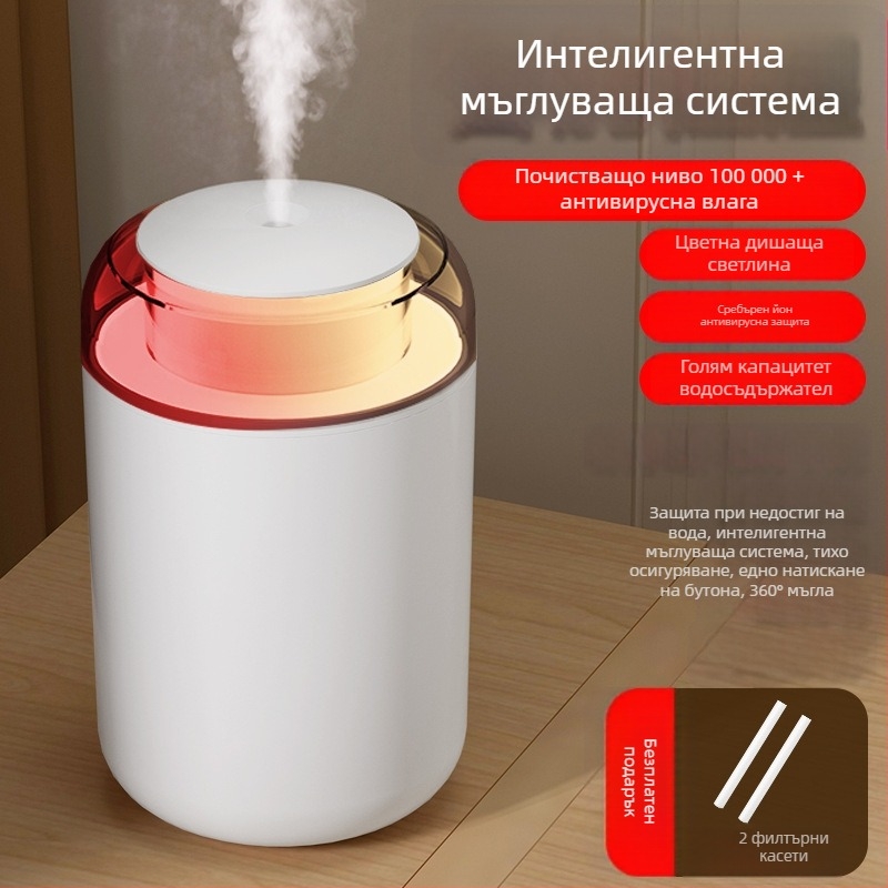 Увлажнител за дома, компактна колона, тихa работа, USB захранване, резервоар 1.0–2.5 л, обхват 41–60 м²