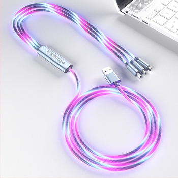 3-в-1 LED стрийминг USB кабел за кола за бързо зареждане (Lightning, Micro USB, Type-C; 3-в-1 кабел; 3A макс.; алуминиева сплав + TPU/PVC; интелигентен стример с автоматично изключване при пълен заряд)