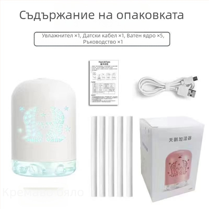 Мини USB овлажнител с LED светлина, кръгъл дизайн, резервоар 0,5 л, 1 изход за мъгла, USB захранване, таймер 8+ часа, шум под 36 dB