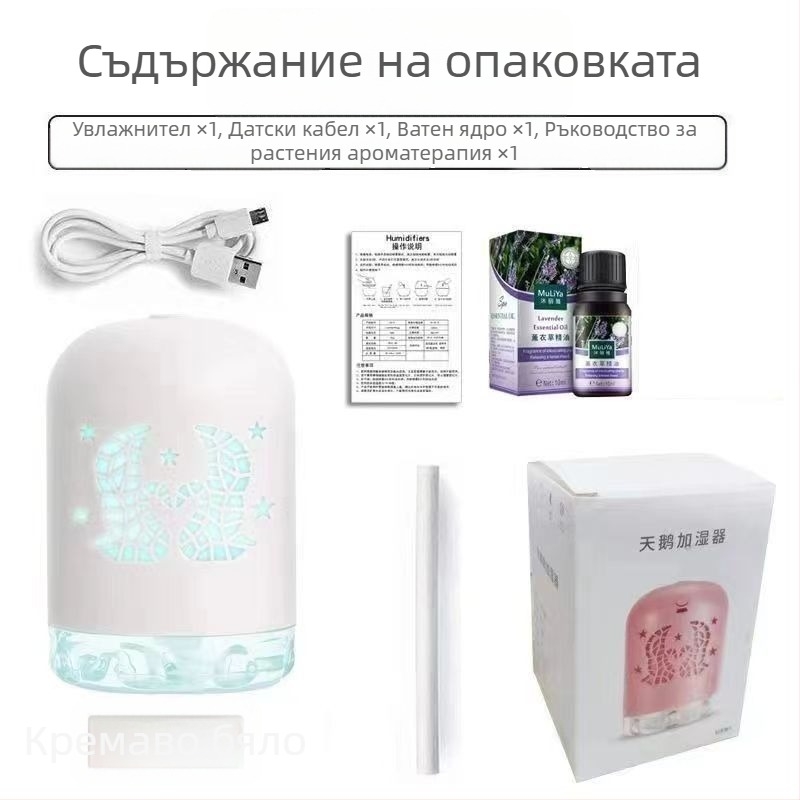 Мини USB овлажнител с LED светлина, кръгъл дизайн, резервоар 0,5 л, 1 изход за мъгла, USB захранване, таймер 8+ часа, шум под 36 dB