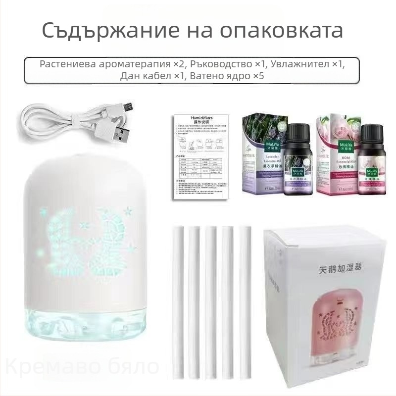 Мини USB овлажнител с LED светлина, кръгъл дизайн, резервоар 0,5 л, 1 изход за мъгла, USB захранване, таймер 8+ часа, шум под 36 dB