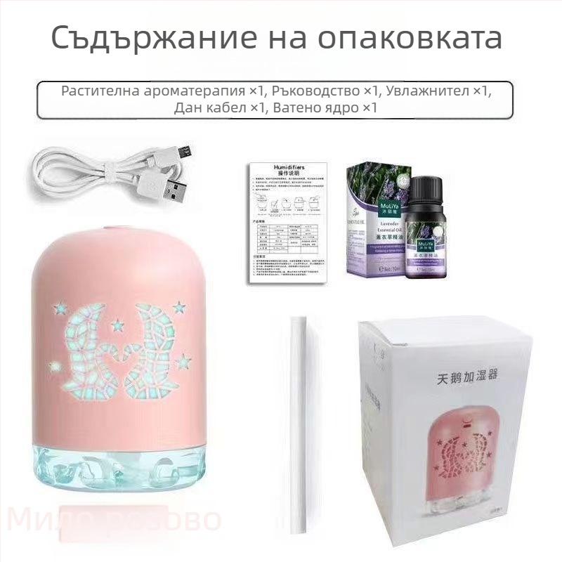 Мини USB овлажнител с LED светлина, кръгъл дизайн, резервоар 0,5 л, 1 изход за мъгла, USB захранване, таймер 8+ часа, шум под 36 dB