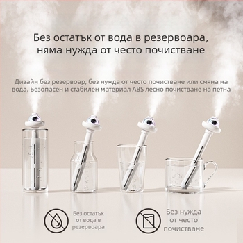 Увлажнител за дома – настолен, безшумен; обхват 21–30 м²; резервоар 1,0–2,5 л; 1 изход за мъгла; шум 36–45 dB; захранване USB/суха батерия/вградено захранване