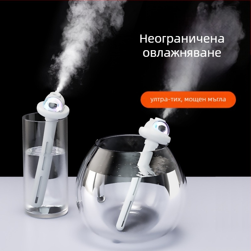 Увлажнител за дома – настолен, безшумен; обхват 21–30 м²; резервоар 1,0–2,5 л; 1 изход за мъгла; шум 36–45 dB; захранване USB/суха батерия/вградено захранване