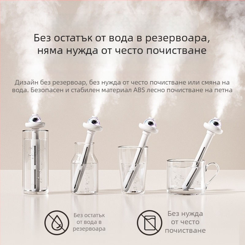 Увлажнител за дома – настолен, безшумен; обхват 21–30 м²; резервоар 1,0–2,5 л; 1 изход за мъгла; шум 36–45 dB; захранване USB/суха батерия/вградено захранване