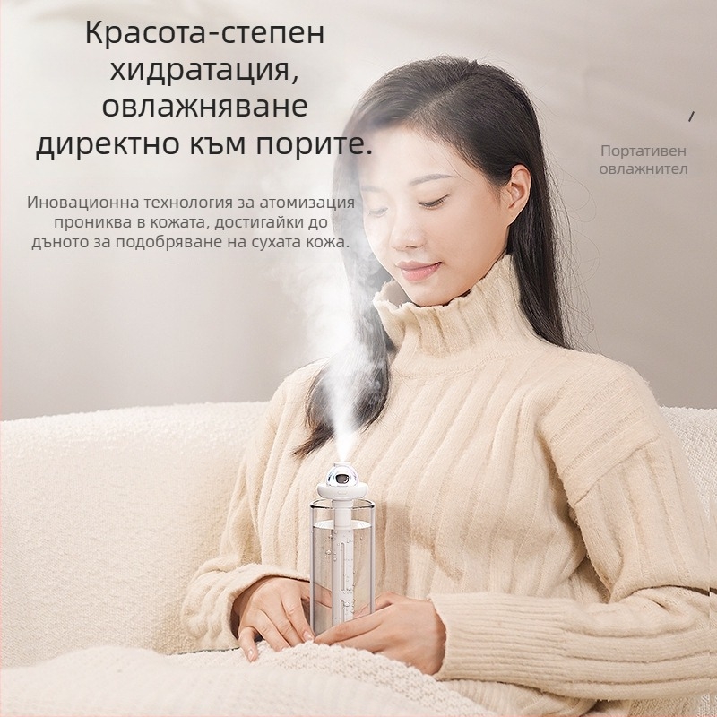 Увлажнител за дома – настолен, безшумен; обхват 21–30 м²; резервоар 1,0–2,5 л; 1 изход за мъгла; шум 36–45 dB; захранване USB/суха батерия/вградено захранване