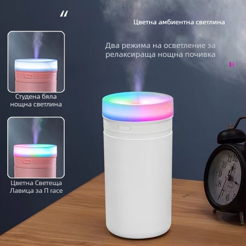 Умен овлажнител за дом и офис, тихо действие, 0,5–1 л резервоар, 3+ изхода за мъгла, постоянна влажност, батерийно захранване (за помещения до 10 м2)