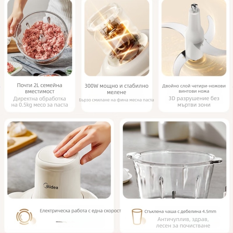 Месомелачка / кухненски миксер Midea — капацитет 1–3 л, функция за бебешка храна, ≤36V, скорост под 10 000 rpm, стъклена купа
