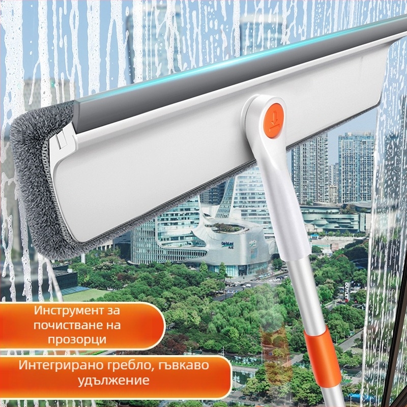 Разтегателен двустранен инструмент за почистване на прозорци за външни високи сгради, пластмасов корпус, домашна употреба.