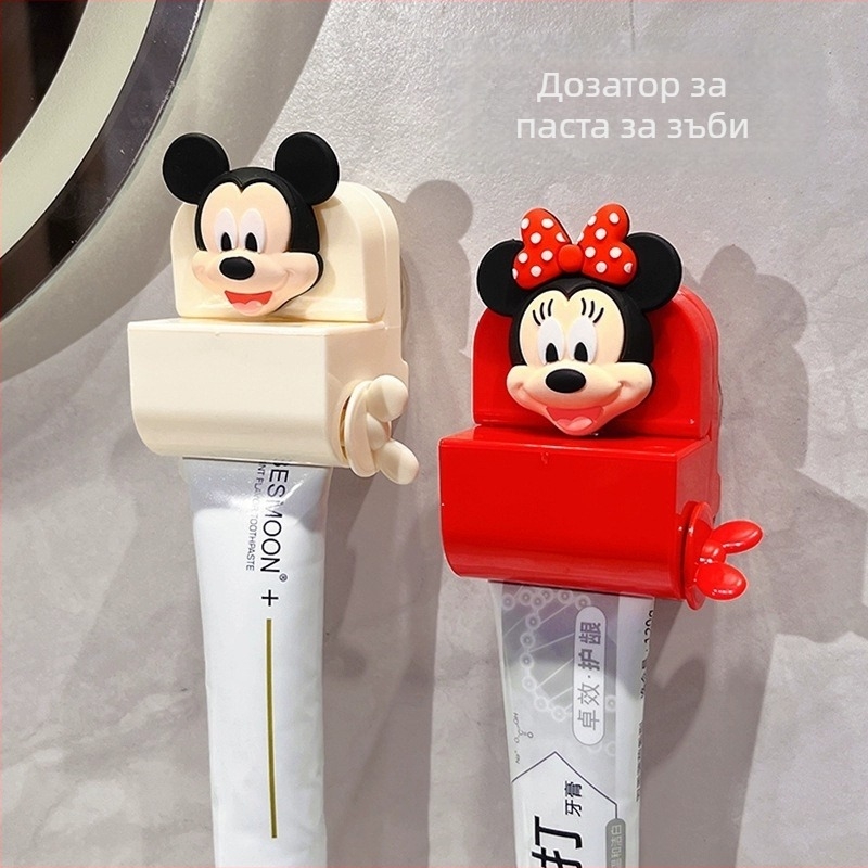 Уред за изцеждане на паста за зъби с вакуумна присоска за стена, без пробив, сладък анимационен Мики и Минни, ръчна работа