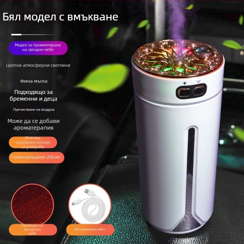 Автомобилен овлажнител и спрей за аромати, ABS материал, 5V захранване, 2W мощност, универсална съвместимост, обхват до 10 м²