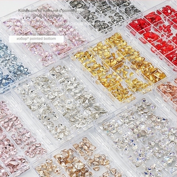 Маникюрни кристални камъни набор – 12 клетки, форми: сърце, пеперуда, квадрат и осмоъгълник; минималистичен стил; материал: кристали