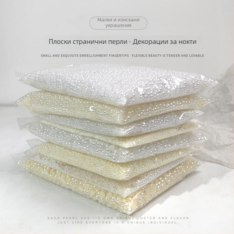 Комплект перлени декорации за маникюр Rose forest — полусферични плоски перли, Материали: пластмаса, перла, смола; Серия: полусферични перли; Дизайн: цветя, любов, капка вода