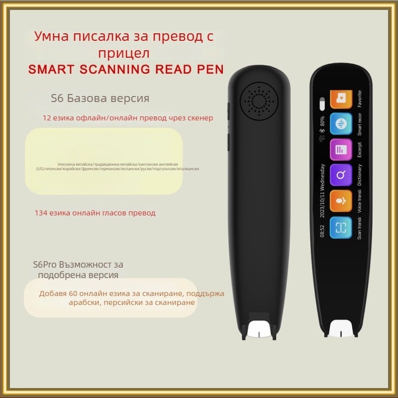 Интелигентна многоезична сканираща писалка с преводач — офлайн превод, Bluetooth, обхват 10 м, режим бутон/докосване/сканиране, сканиращ превод, гласов онлайн превод и запис на превод
