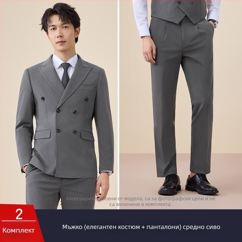 Мъжки двуредов костюм, тясна кройка, плосък ревер, заден централен разрез, полиестерова материя 67,8%