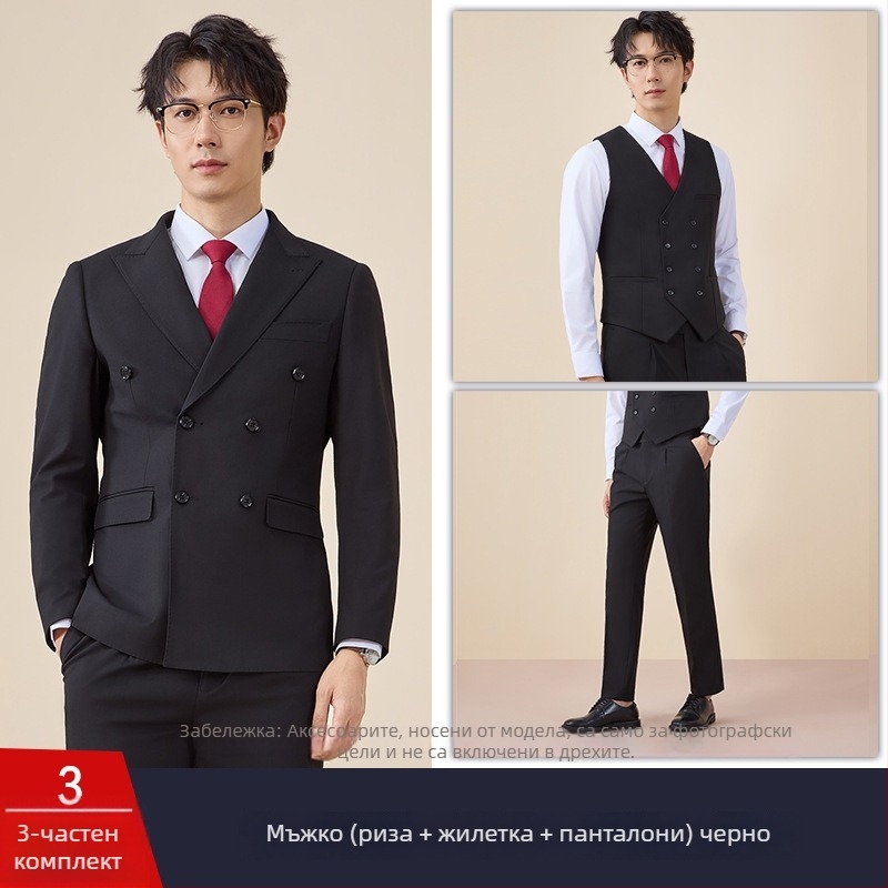 Мъжки двуредов костюм, тясна кройка, плосък ревер, заден централен разрез, полиестерова материя 67,8%