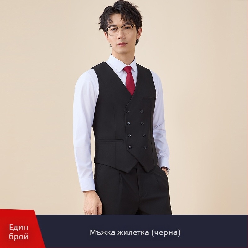 Мъжки двуредов костюм, тясна кройка, плосък ревер, заден централен разрез, полиестерова материя 67,8%