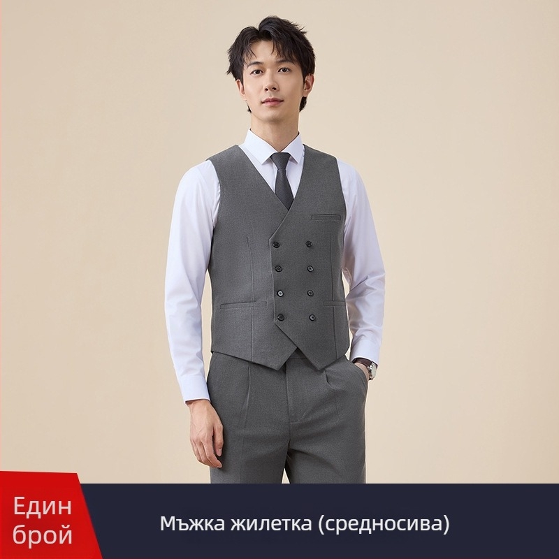 Мъжки двуредов костюм, тясна кройка, плосък ревер, заден централен разрез, полиестерова материя 67,8%