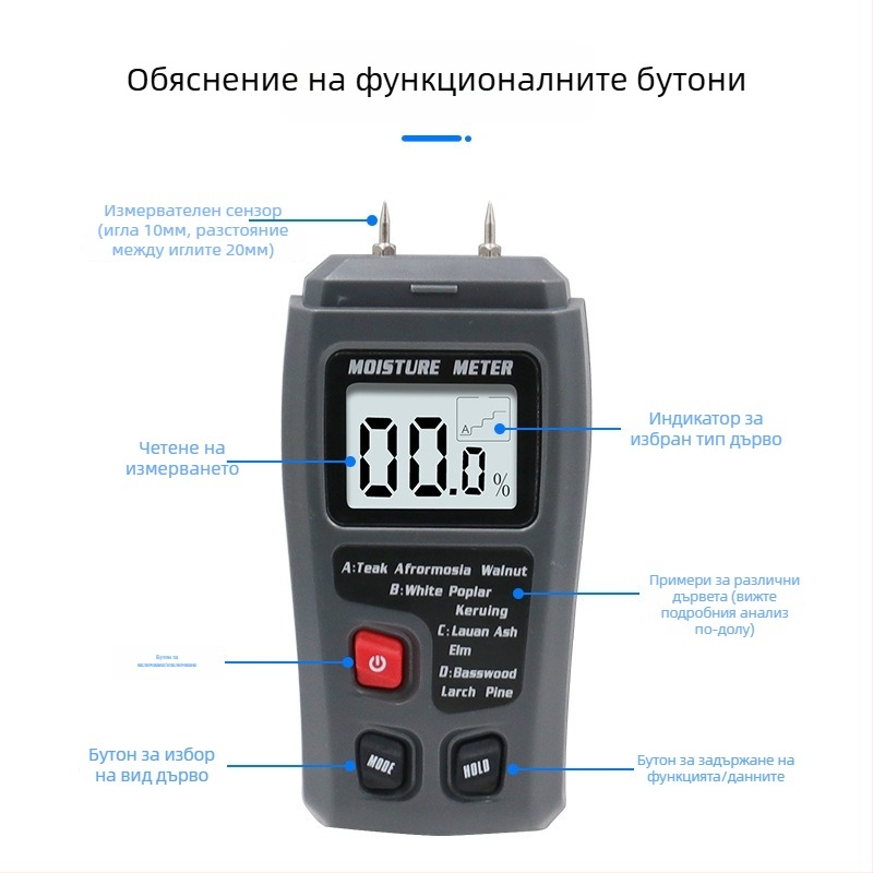 Тестер за влажност на дървесината | измерва съдържанието на влага | подходящ за дървени подове и кашони (Марка: Record Work)