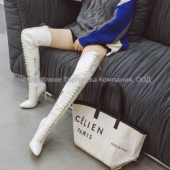 Ботуши над коляното с остър нос, тънък ток над 8 см, синтетична кожа, странична ципа, кръстосани презрамки