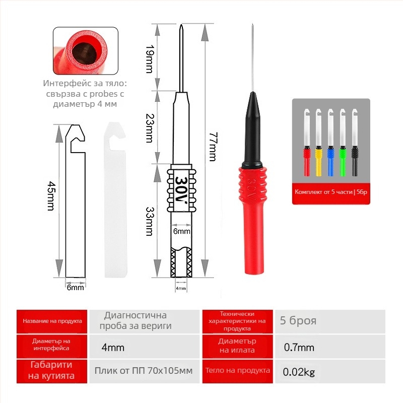 Musen Hall: Пробна сонда за автомобилни електрически вериги с универсални удължаващи върхове за мултицет
