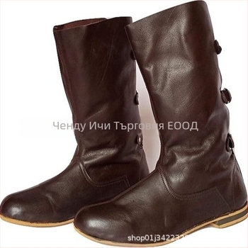 Рицарски ботуши с два слоя кожа, гумена подметка, нисък ток 1–3 см, закопчаване с катарама, подплата от мрежа