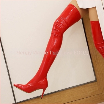 Ботуши над коляното с синтетична кожа, висок ток 6–8 см, висок маншон, заоблен нос