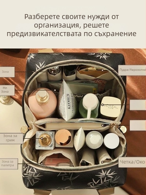 Козметична чанта с разделени отделения – PU, полиестерна подплата, принт пейзаж, Lohas Travel, пролет 2025