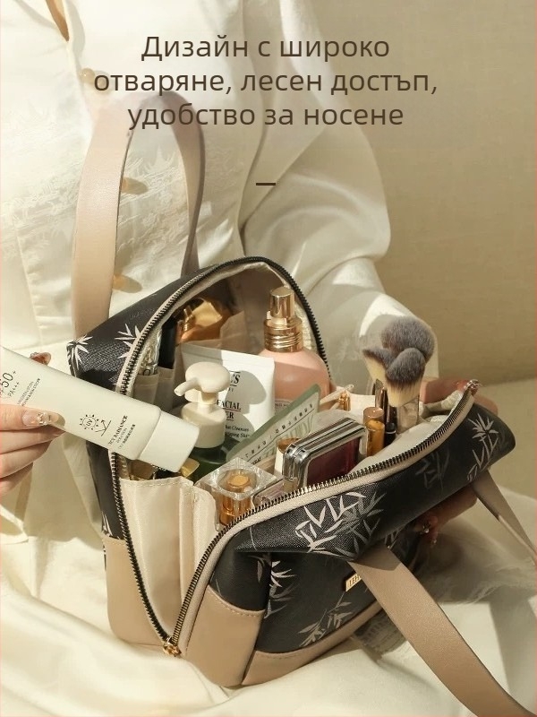 Козметична чанта с разделени отделения – PU, полиестерна подплата, принт пейзаж, Lohas Travel, пролет 2025