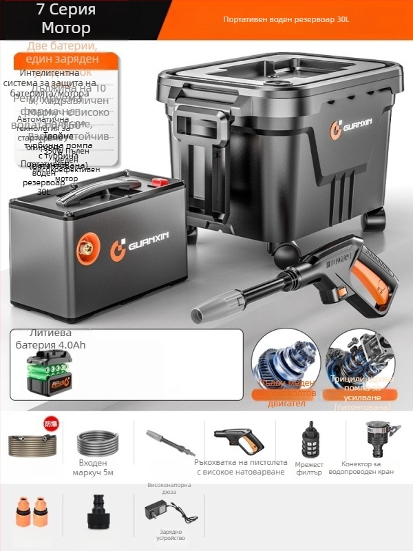 Безжична преносима ръчна машина за миене на автомобили с литиева батерия, модел maxs - 550 W, 20V/36V, максимално налягане 35 bar, максимален дебит 4.0 L/min