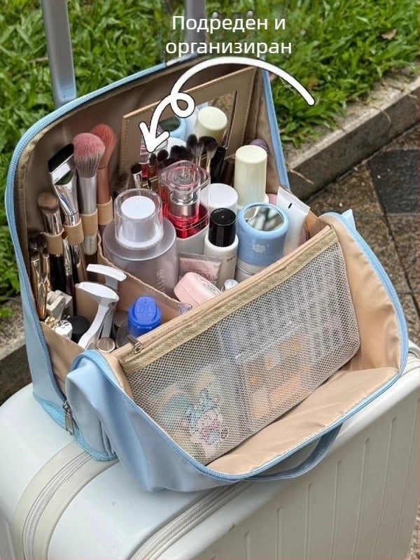 Козметична чанта с дизайн за закачане и вертикални отделения (PU материал; водоустойчива; голям капацитет; превъртащ се капак)