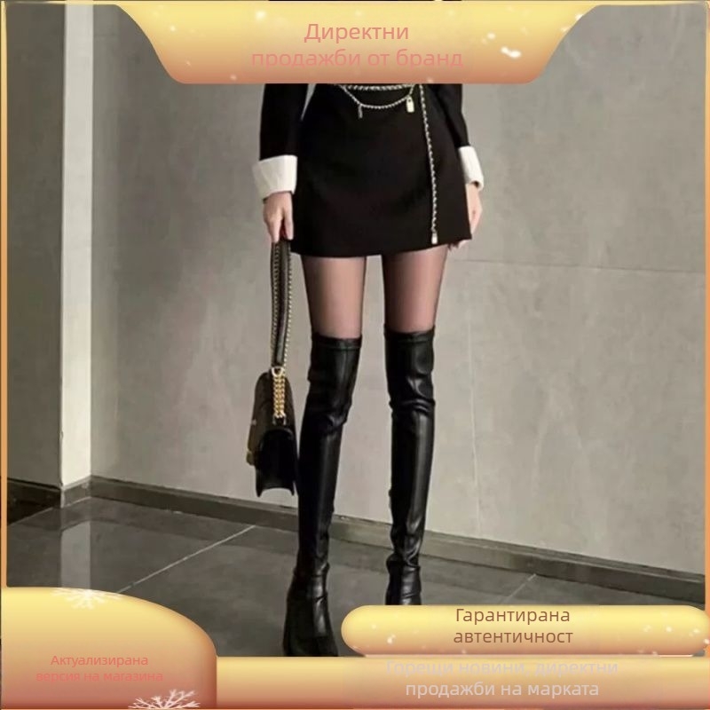 Женски ботуши с пискюли, корейски стил, 12 см повишение на височината, страничен цип, кръгъл връх, гумена подметка.