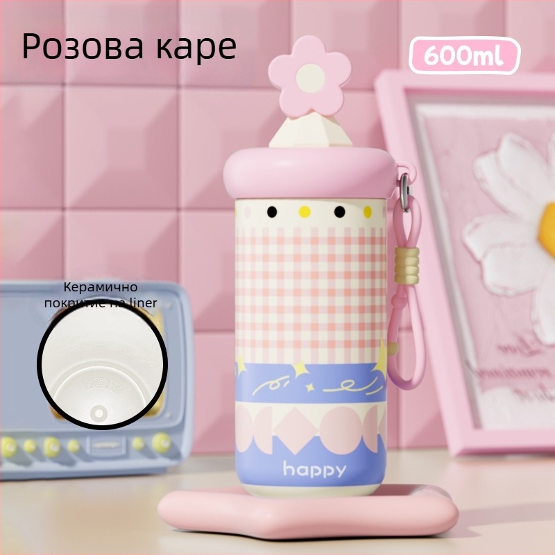 Термо чаша за жени със сламка, компактна и преносима, вътрешна част от 316 неръждаема стомана, корпус от 201 неръждаема стомана, вакуумна изолация 6–12 ч, разделяне чай и вода, възможност за печат на лого