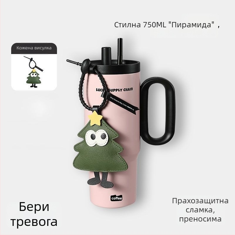 Термочаша с дръжка, вътрешна 304 неръждаема стомана, външна 201 неръждаема стомана, вакуумна изолация 6–12 ч, разделяне на чай и вода, включена сламка