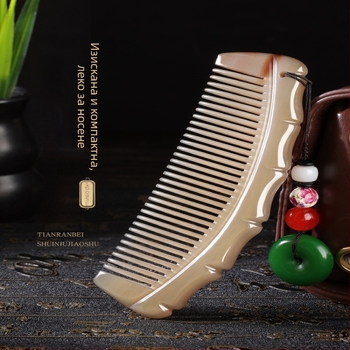 Гребен за коса от естествен рог на воден бивол, полумесечна форма, 5 мм дебелина, бамбуков дизайн, персонализация възможна