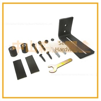 Хамбарни врати хардуер: стоманен материал, матово черно покритие, модел FL50503, осем в едно монтажни опции, стопери за колела с двойна дупка